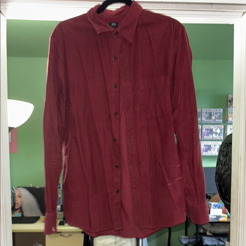 Red Corduroy Button-Up Shirt
